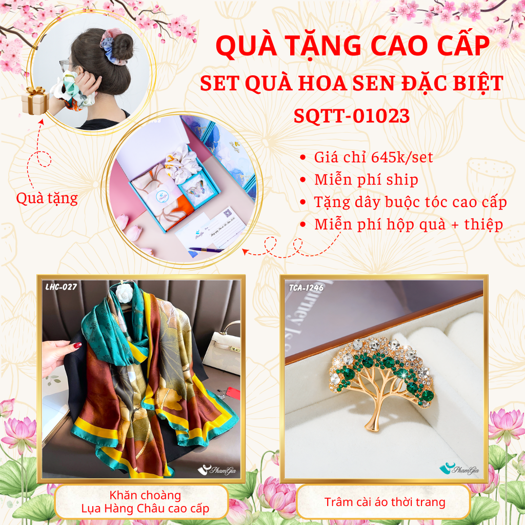Set quà tặng khăn lụa hoa sen xanh ngọc và ghim cài áo cây tùng cao cấp