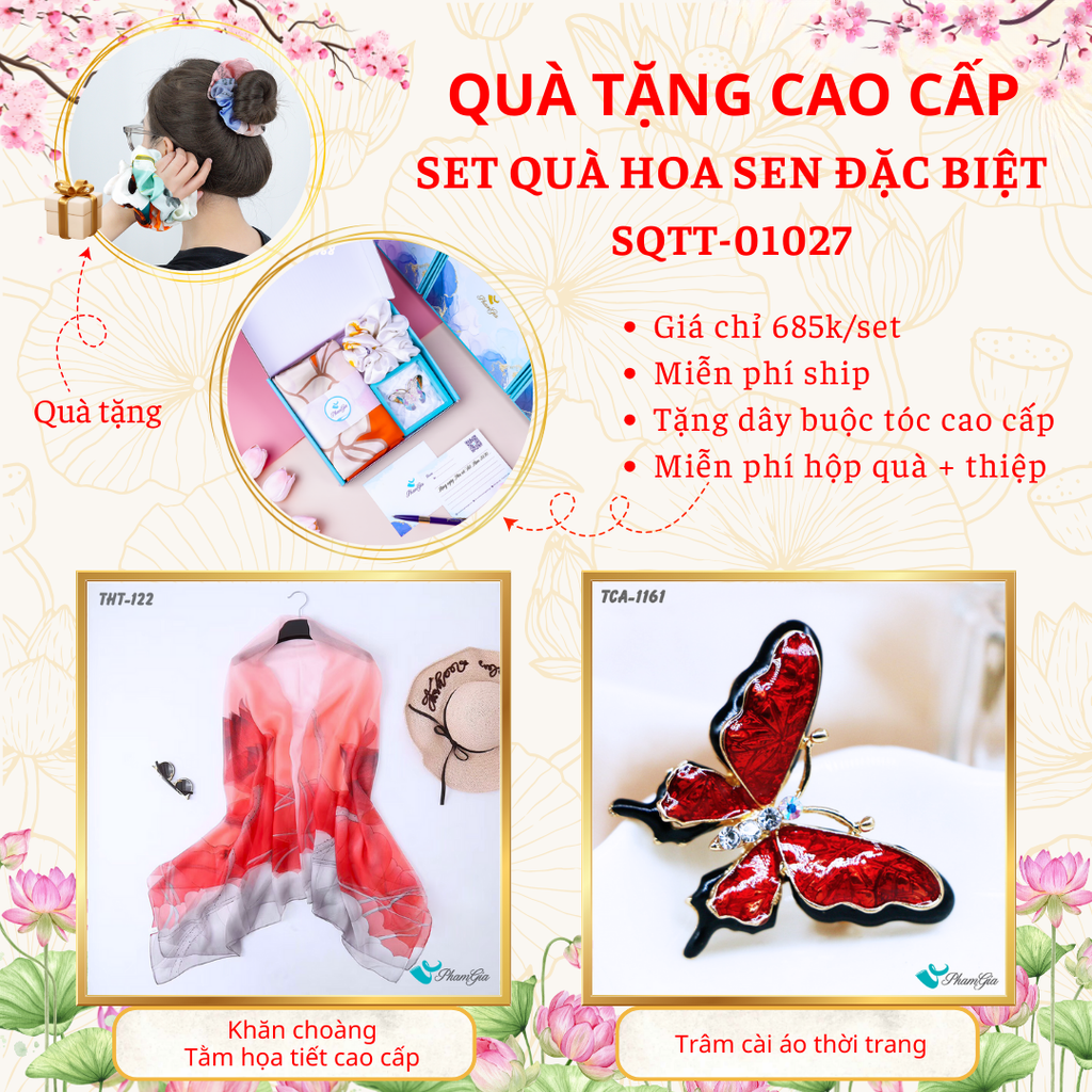 Set quà tặng khăn tằm hoa sen đỏ và ghim cài áo bướm đỏ cao cấp