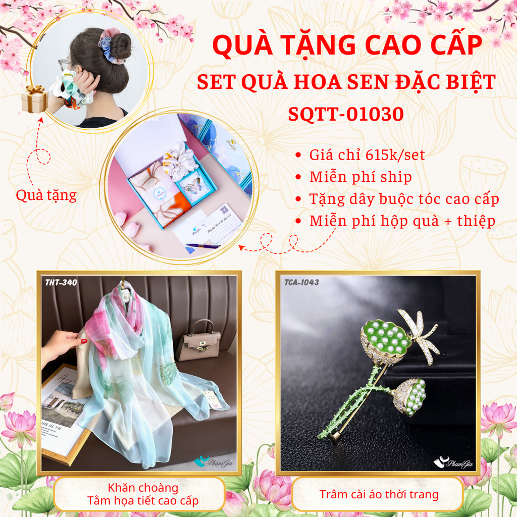 Set quà tặng khăn tằm hoa sen xanh ngọc và ghim cài áo đài sen xanh cao cấp
