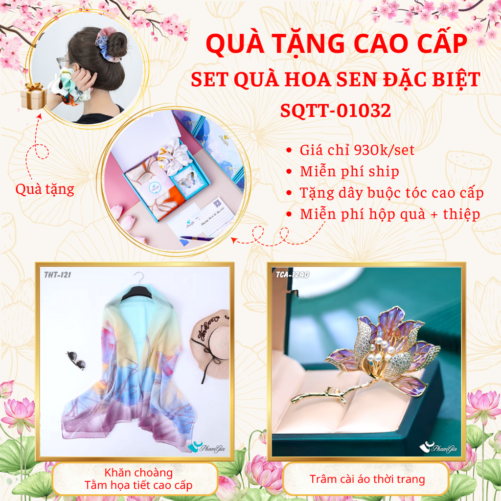 Quà Tặng Cao Cấp - Set Quà Tặng Khăn Choàng Và Ghim Cài Áo Chủ Đề Hoa Sen Đặc Biệt (SQTT01032)