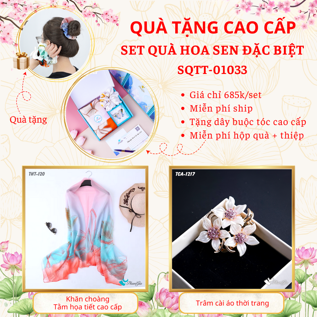 Set quà tặng khăn tằm hoa sen hồng và ghim cài áo hoa lily hồng cao cấp