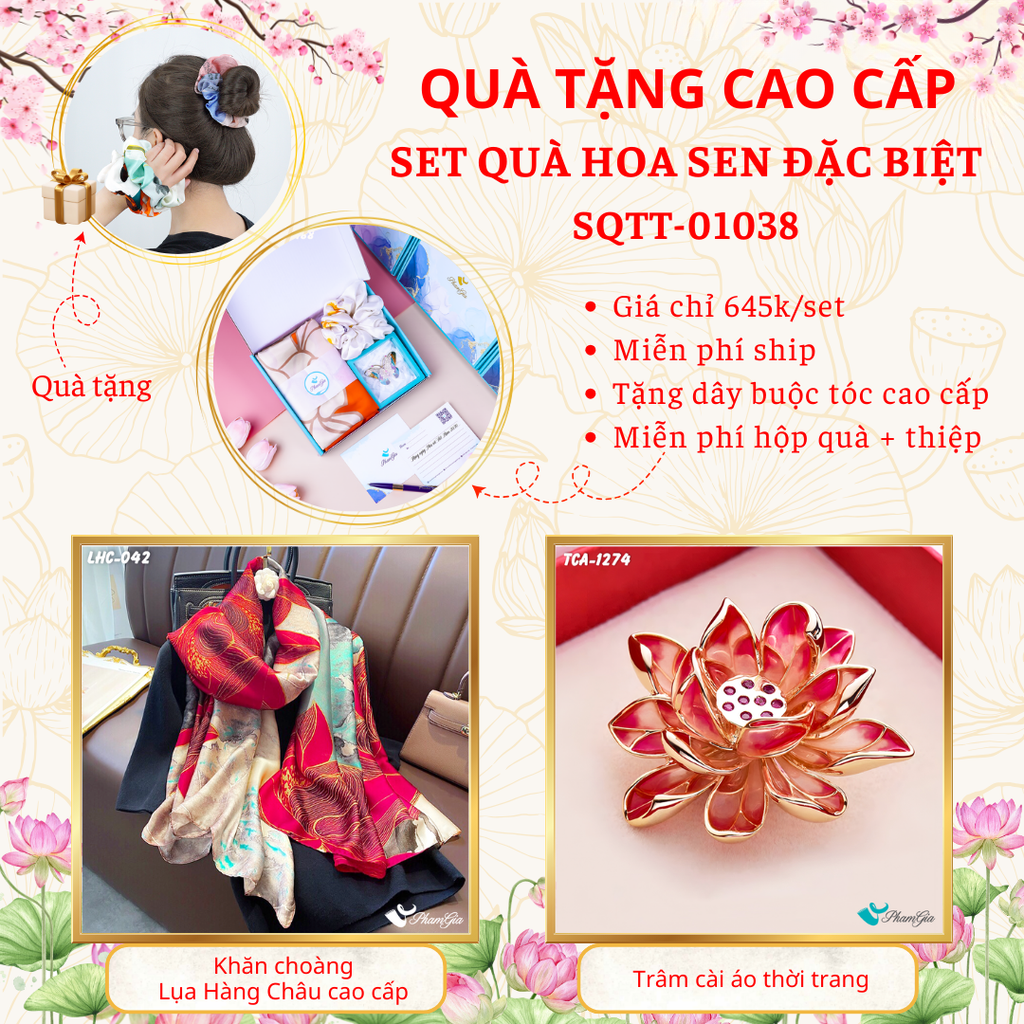 Quà Tặng Cao Cấp - Set Quà Tặng Khăn Choàng Và Ghim Cài Áo Chủ Đề Hoa Sen Đặc Biệt (SQTT01038)