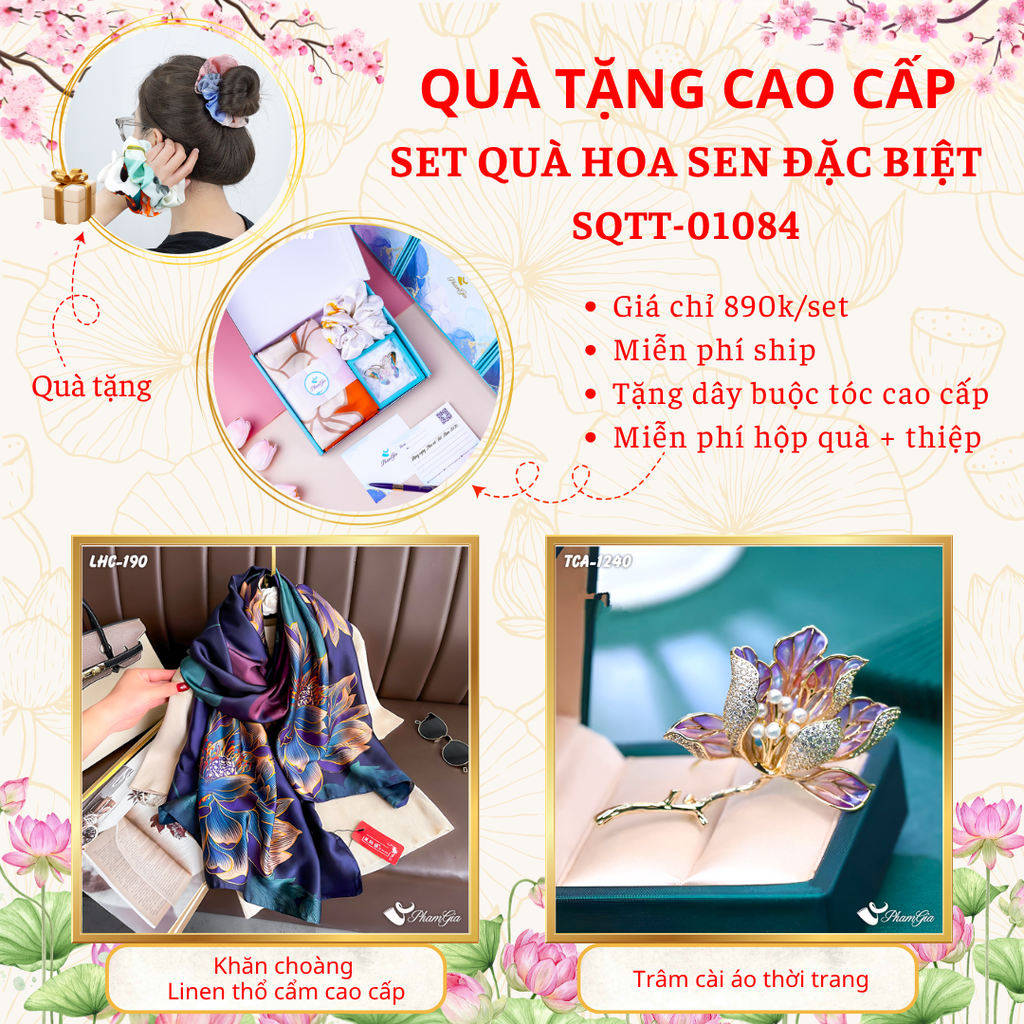 Quà Tặng Cao Cấp - Set Quà Tặng Khăn Choàng Và Ghim Cài Áo Chủ Đề Hoa Sen Đặc Biệt (SQTT01084)