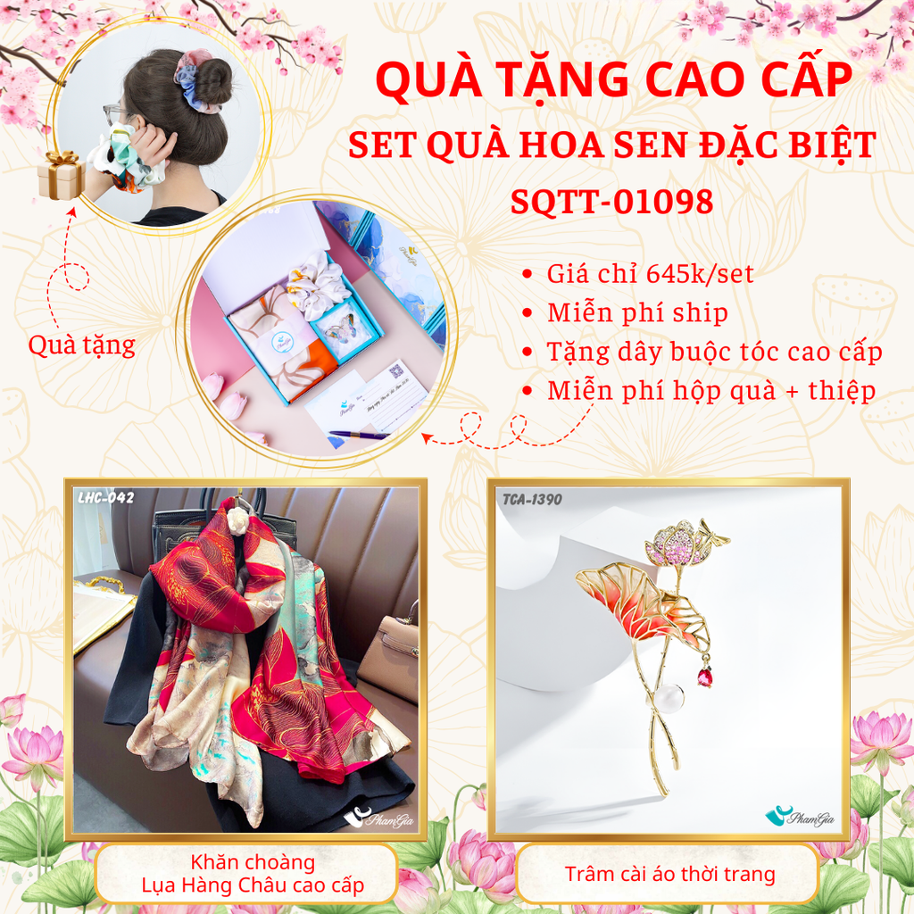 Quà Tặng Cao Cấp - Set Quà Tặng Khăn Choàng Và Ghim Cài Áo Chủ Đề Hoa Sen Đặc Biệt (SQTT01098)