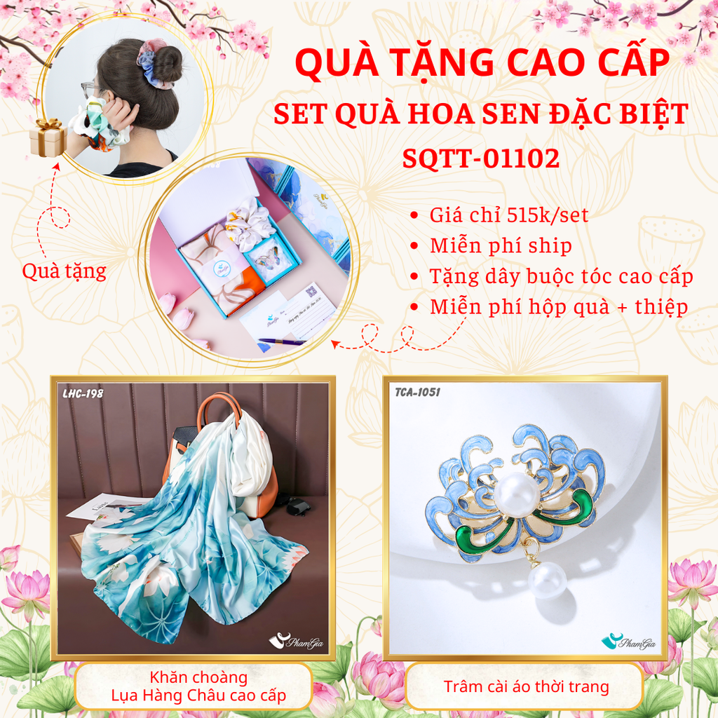 Quà Tặng Cao Cấp - Set Quà Tặng Khăn Choàng Và Ghim Cài Áo Chủ Đề Hoa Sen Đặc Biệt (SQTT01102)
