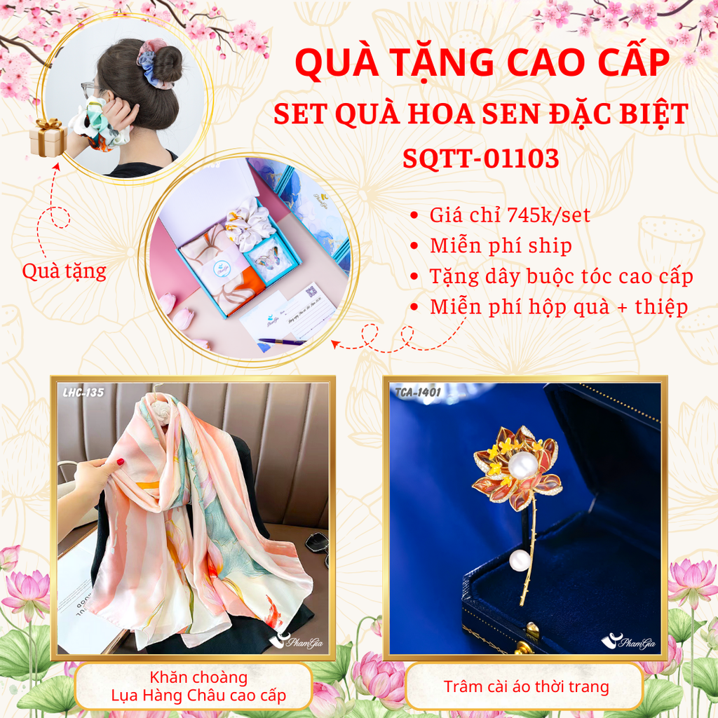 Quà Tặng Cao Cấp - Set Quà Tặng Khăn Choàng Và Ghim Cài Áo Chủ Đề Hoa Sen Đặc Biệt (SQTT01103)