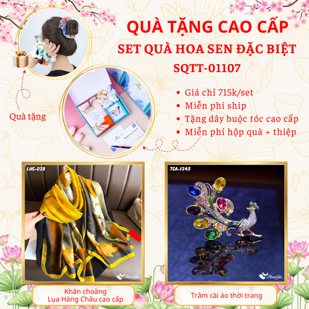 Set quà tặng khăn lụa hoa sen vàng và ghim cài áo khổng tước sắc màu cao cấp