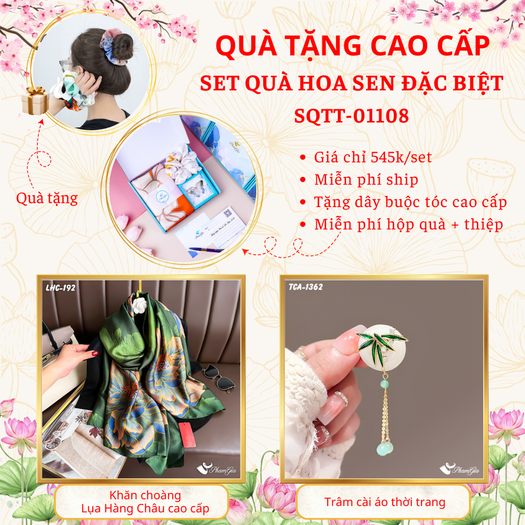 Quà Tặng Cao Cấp - Set Quà Tặng Khăn Choàng Và Ghim Cài Áo Chủ Đề Hoa Sen Đặc Biệt (SQTT01108)