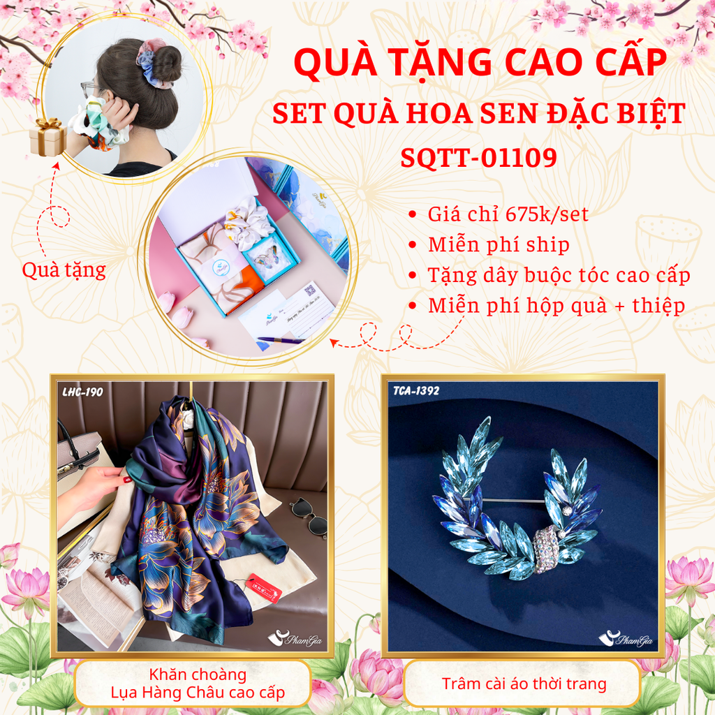 Quà Tặng Cao Cấp - Set Quà Tặng Khăn Choàng Và Ghim Cài Áo Chủ Đề Hoa Sen Đặc Biệt (SQTT01109)