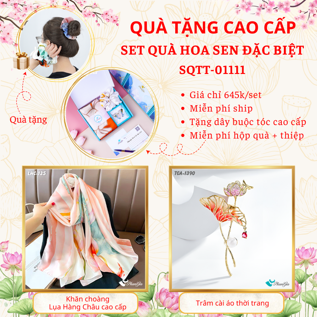 Quà Tặng Cao Cấp - Set Quà Tặng Khăn Choàng Và Ghim Cài Áo Chủ Đề Hoa Sen Đặc Biệt (SQTT01111)