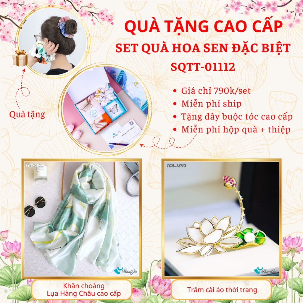 Quà Tặng Cao Cấp - Set Quà Tặng Khăn Choàng Và Ghim Cài Áo Chủ Đề Hoa Sen Đặc Biệt (SQTT01112)
