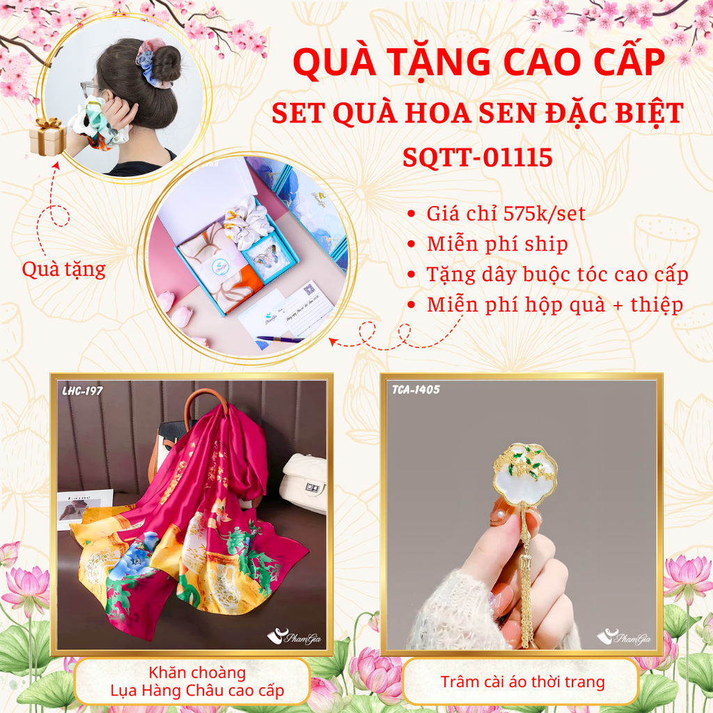 Quà Tặng Cao Cấp - Set Quà Tặng Khăn Choàng Và Ghim Cài Áo Chủ Đề Hoa Sen Đặc Biệt (SQTT01115)