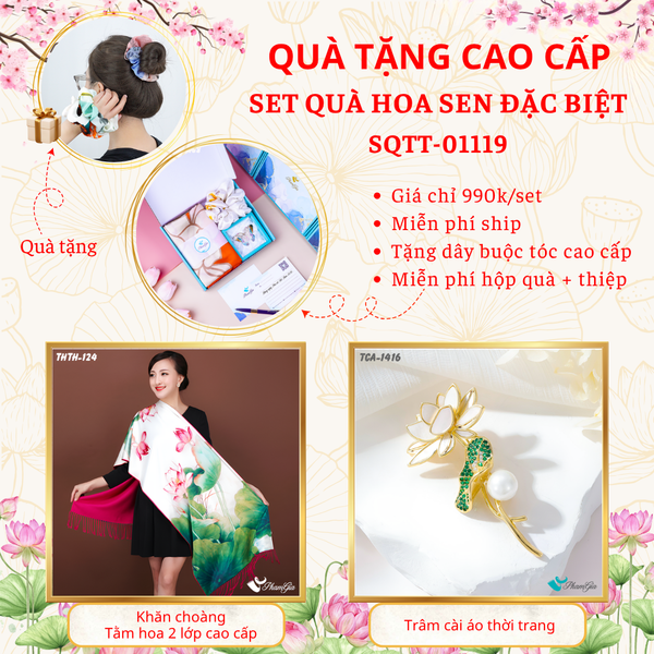 Quà Tặng Cao Cấp - Set Quà Tặng Khăn Choàng Và Ghim Cài Áo Chủ Đề Hoa Sen Đặc Biệt (SQTT01119)
