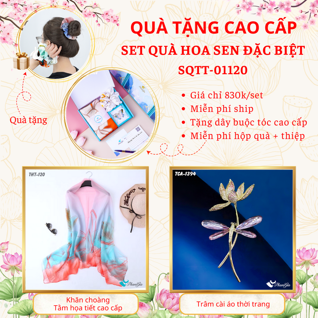 Quà Tặng Cao Cấp - Set Quà Tặng Khăn Choàng Và Ghim Cài Áo Chủ Đề Hoa Sen Đặc Biệt (SQTT01120)