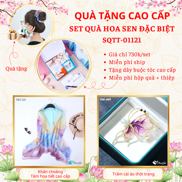 Quà Tặng Cao Cấp - Set Quà Tặng Khăn Choàng Và Ghim Cài Áo Chủ Đề Hoa Sen Đặc Biệt (SQTT01121)
