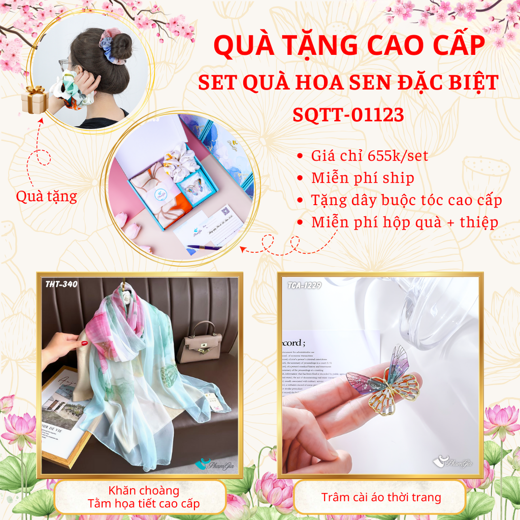 Quà Tặng Cao Cấp - Set Quà Tặng Khăn Choàng Và Ghim Cài Áo Chủ Đề Hoa Sen Đặc Biệt (SQTT01123)