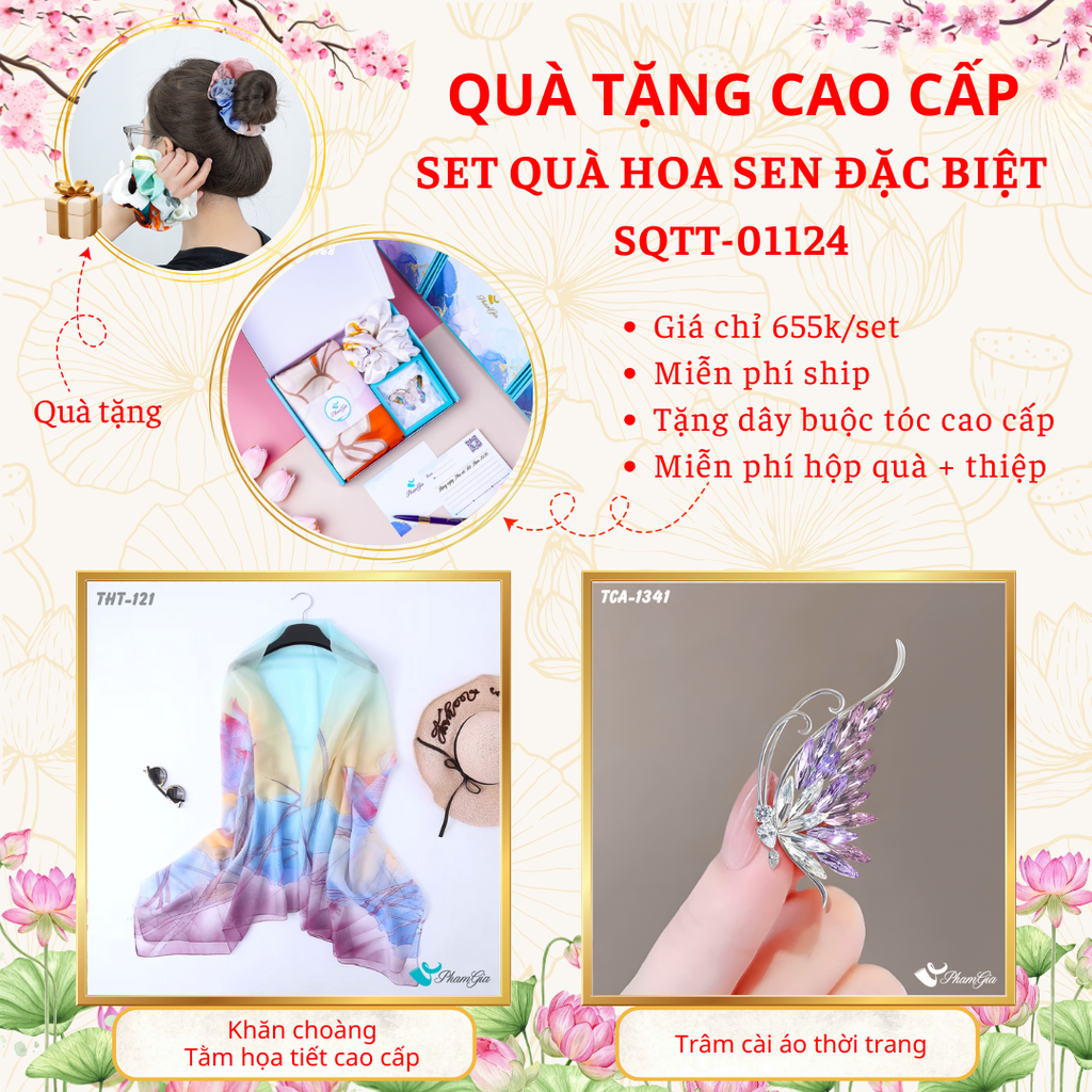 Quà Tặng Cao Cấp - Set Quà Tặng Khăn Choàng Và Ghim Cài Áo Chủ Đề Hoa Sen Đặc Biệt (SQTT01124)