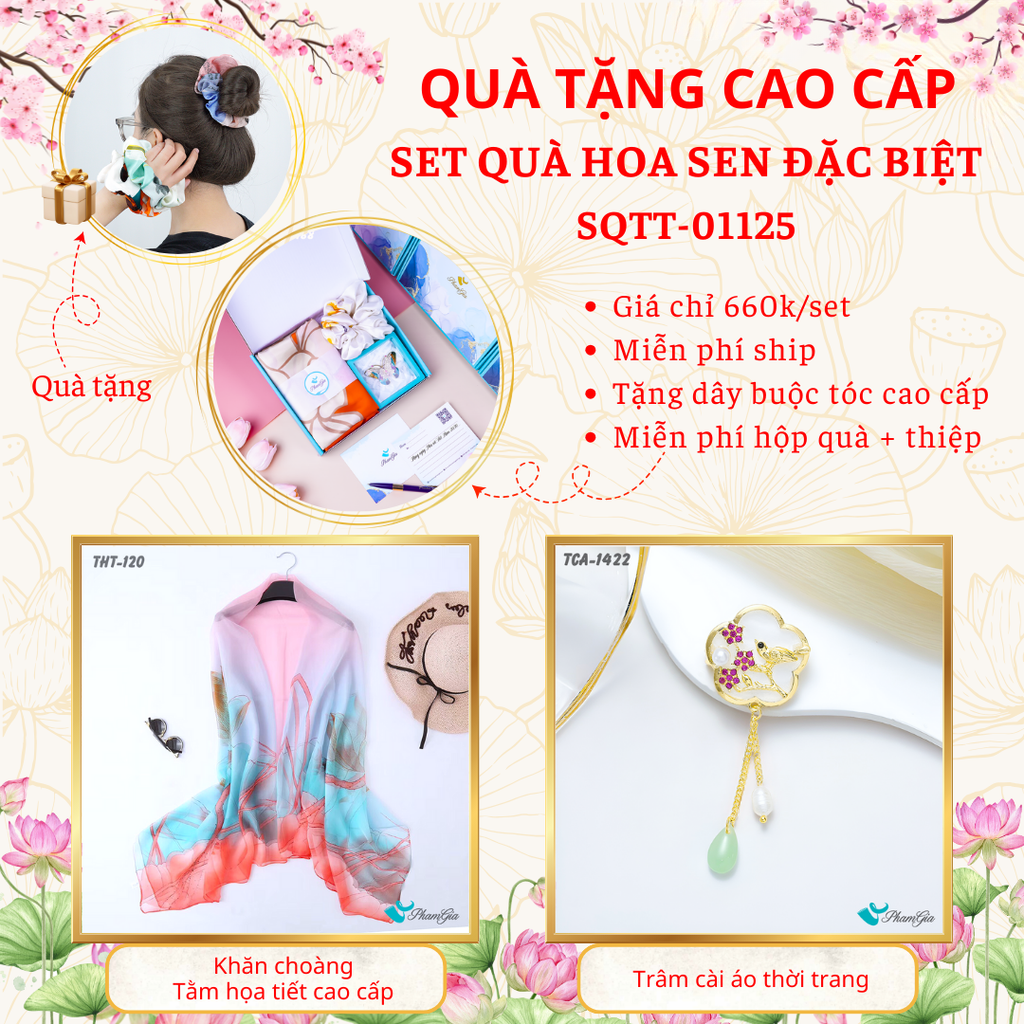 Quà Tặng Cao Cấp - Set Quà Tặng Khăn Choàng Và Ghim Cài Áo Chủ Đề Hoa Sen Đặc Biệt (SQTT01125)