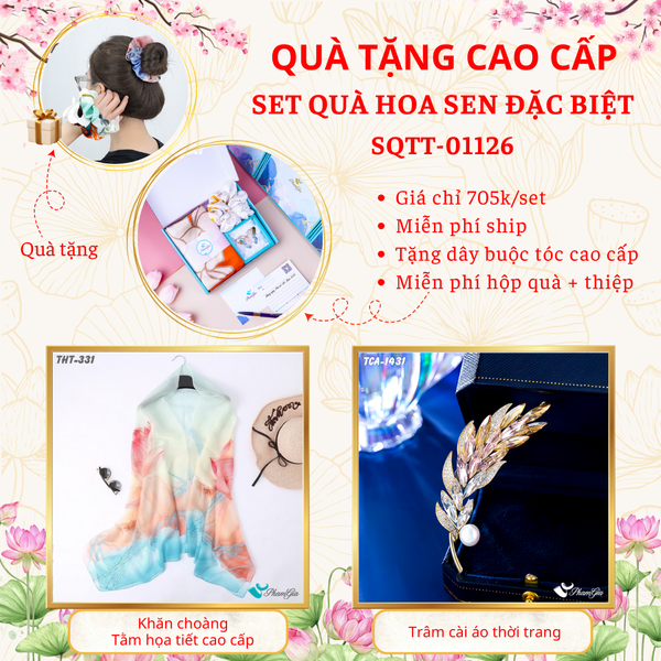Quà Tặng Cao Cấp - Set Quà Tặng Khăn Choàng Và Ghim Cài Áo Chủ Đề Hoa Sen Đặc Biệt (SQTT01126)