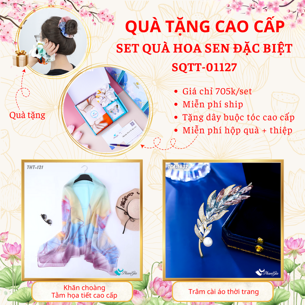 Quà Tặng Cao Cấp - Set Quà Tặng Khăn Choàng Và Ghim Cài Áo Chủ Đề Hoa Sen Đặc Biệt (SQTT01127)