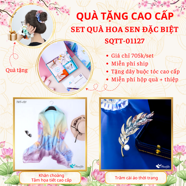 Quà Tặng Cao Cấp - Set Quà Tặng Khăn Choàng Và Ghim Cài Áo Chủ Đề Hoa Sen Đặc Biệt (SQTT01127)