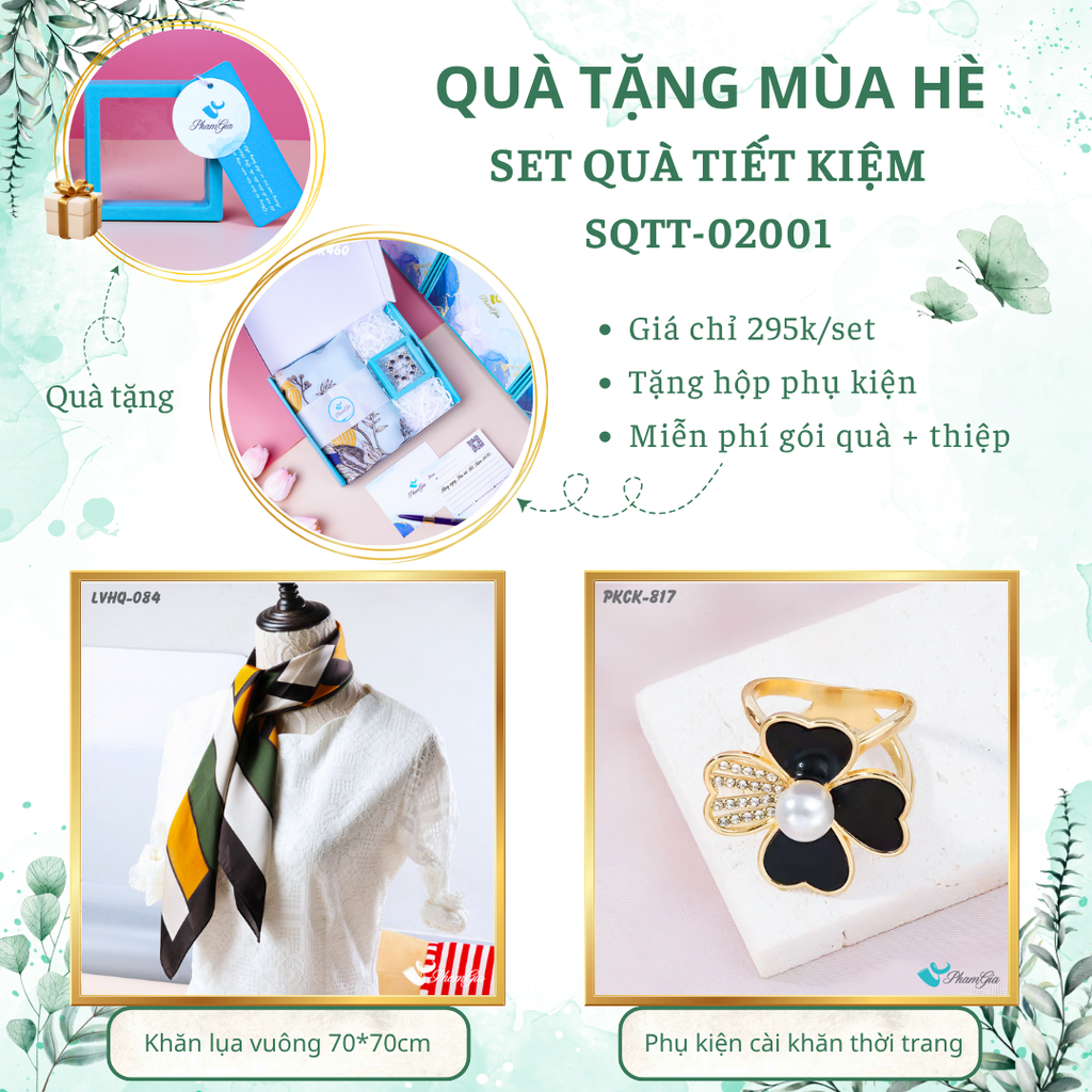 Set quà tặng khăn lụa vuông 70*70 họa tiết lập thể và phụ kiện cài khăn hoa tiết kiệm