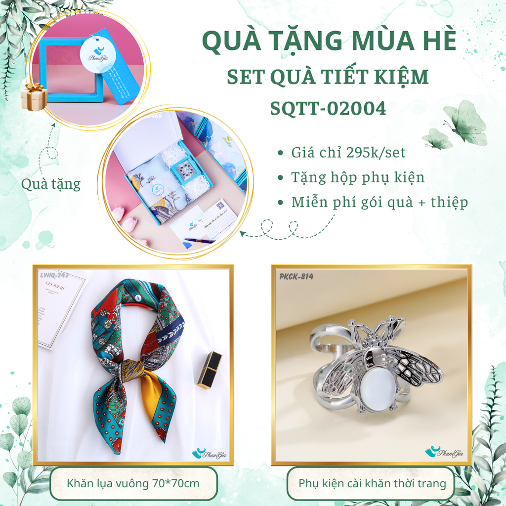 Set quà tặng khăn lụa vuông 70*70 họa tiết vintage và phụ kiện cài khăn ong bạc tiết kiệm