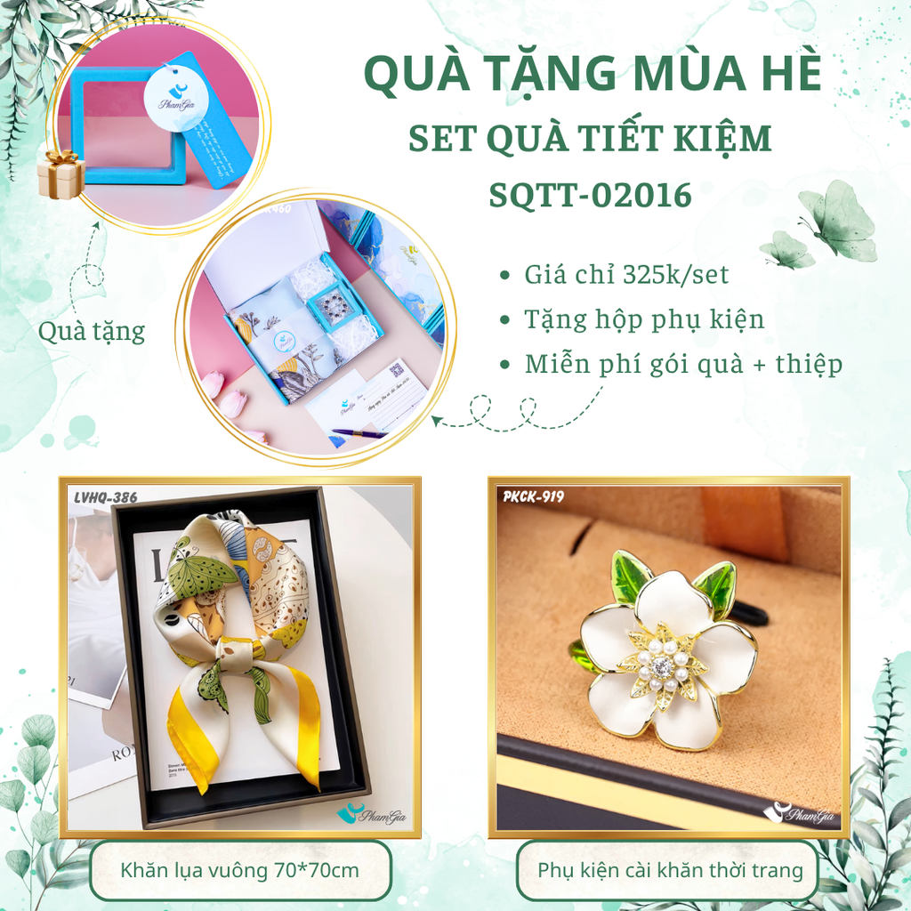 Set quà tặng khăn lụa vuông 70*70 họa tiết hoa lá và phụ kiện cài khăn hoa trà tiết kiệm