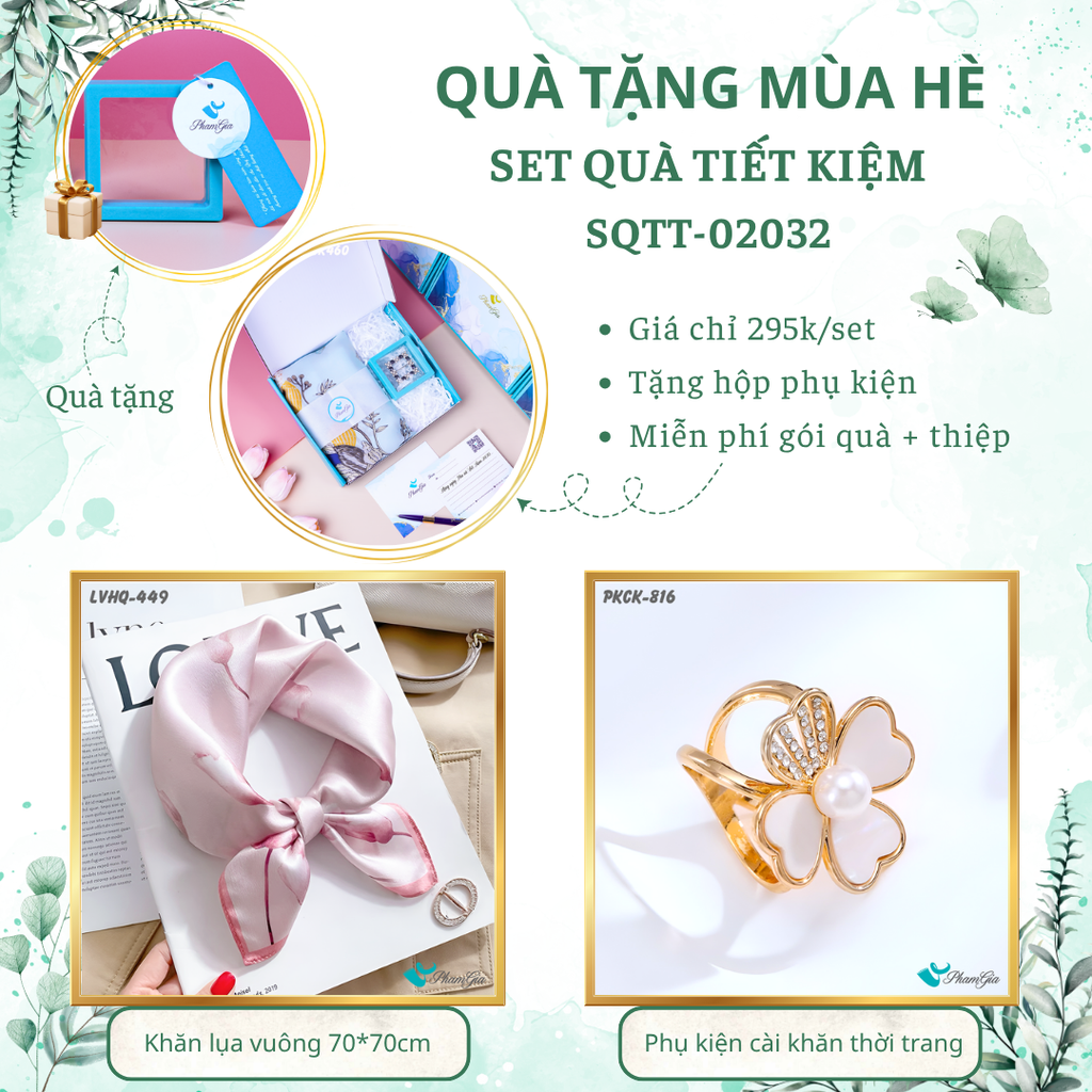 Set quà tặng khăn lụa vuông 70*70 họa tiết hoa tulip và phụ kiện cài khăn hoa tiết kiệm