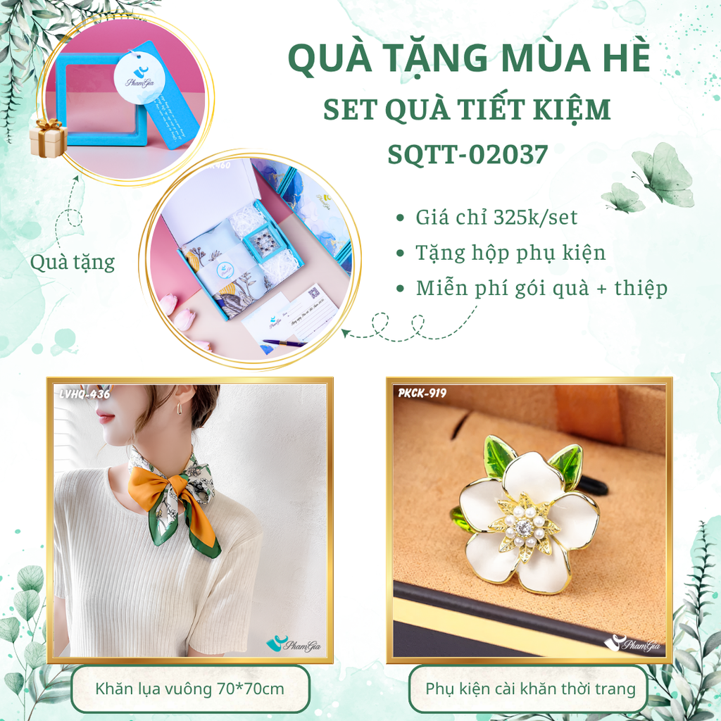 Set quà tặng khăn lụa vuông 70*70 họa tiết hoa nhí và phụ kiện cài khăn hoa tiết kiệm