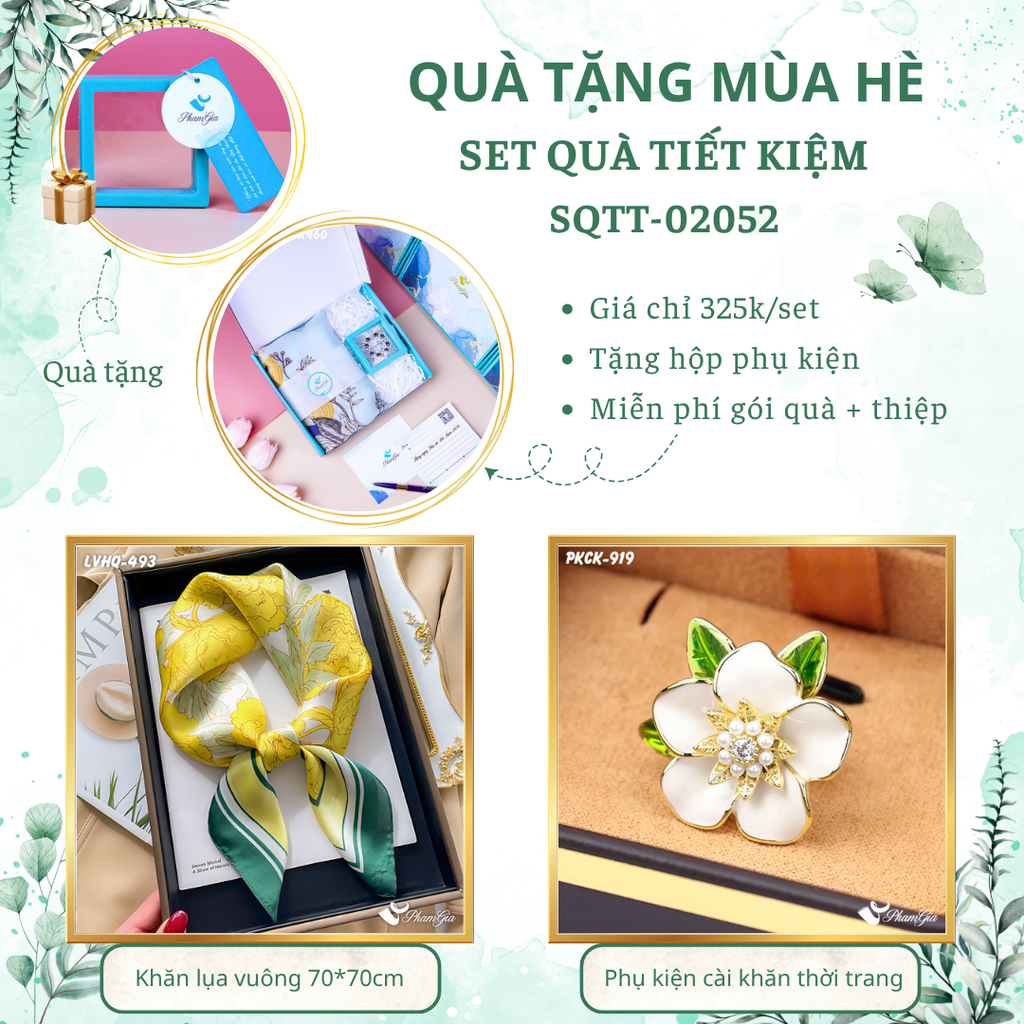 Set quà tặng khăn lụa vuông 70*70 họa tiết hoa hồng và phụ kiện cài khăn hoa trà tiết kiệm