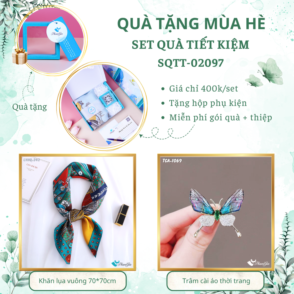Set quà tặng khăn lụa vuông 70*70 họa tiết vintage và ghim cài áo bướm tiết kiệm