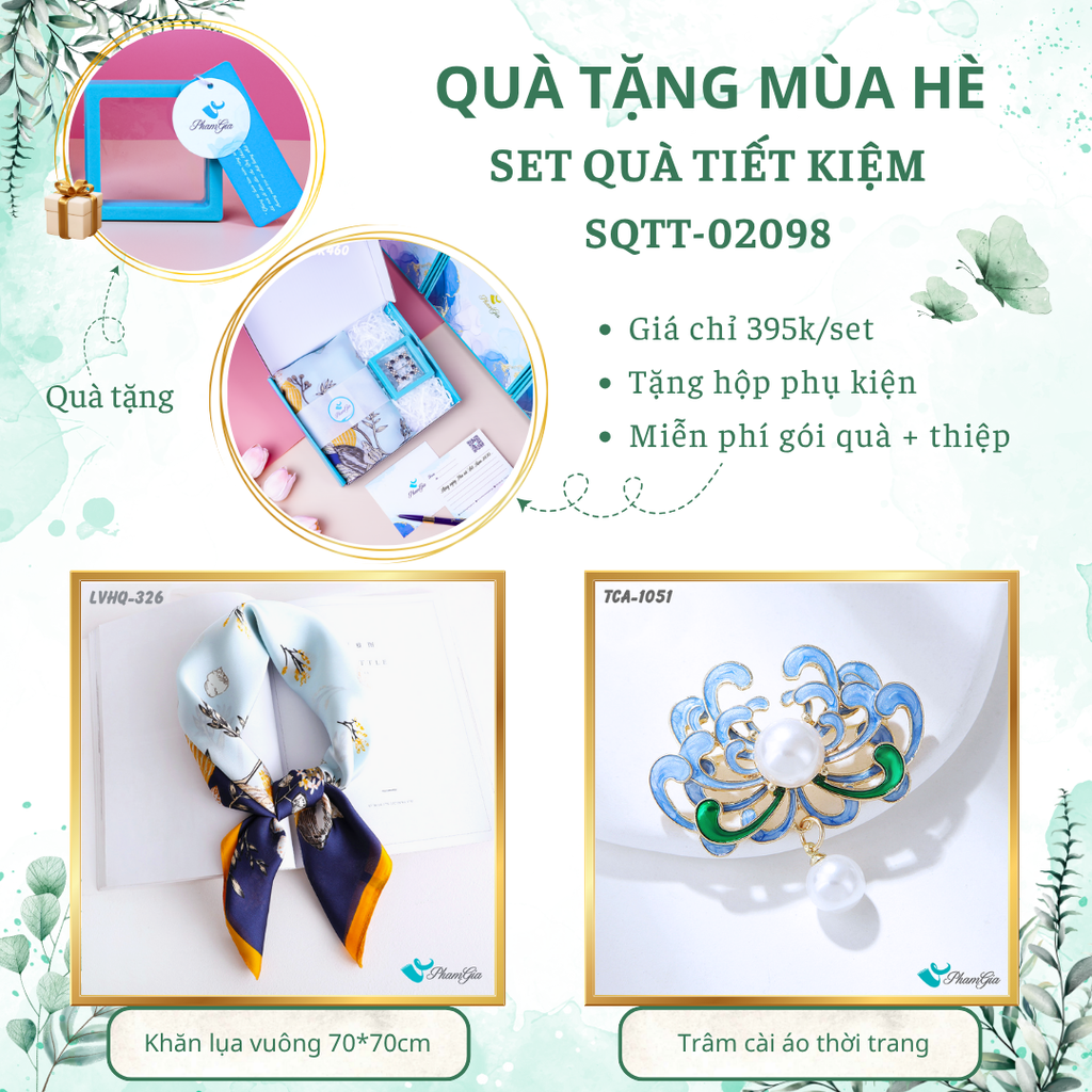 Set quà tặng khăn lụa vuông 70*70 họa tiết hoa lá và ghim cài áo xanh tiết kiệm