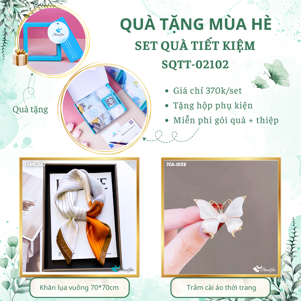 Set quà tặng khăn lụa vuông 70*70 họa tiết lập thể và ghim cài áo bướm tiết kiệm