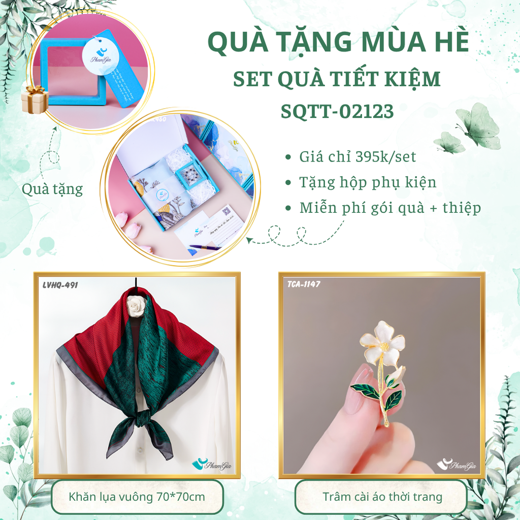 Set quà tặng khăn lụa vuông 70*70 họa tiết vân xước và ghim cài áo hoa mai tiết kiệm