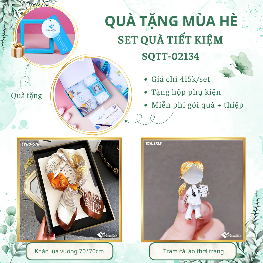 Set quà tặng khăn lụa vuông 70*70 họa tiết lập thể và ghim cài áo y tá tiết kiệm