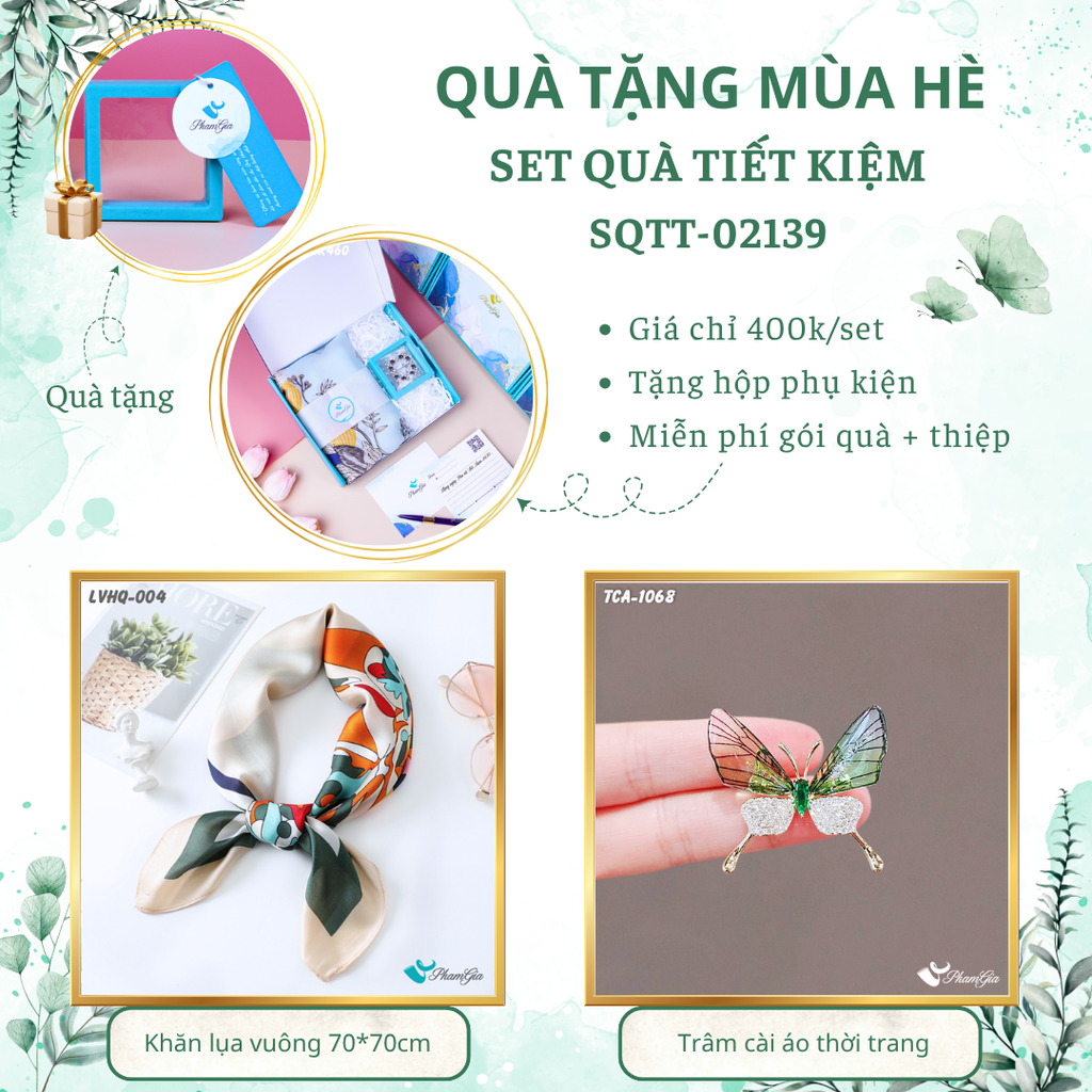 Set quà tặng khăn lụa vuông 70*70 họa tiết cô gái xanh rêu và ghim cài áo bướm tiết kiệm