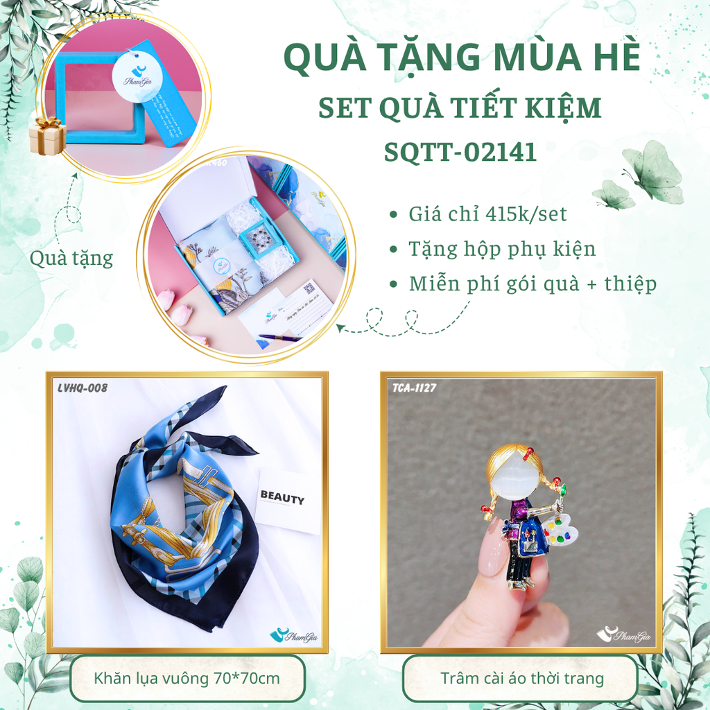 Set quà tặng khăn lụa vuông 70*70 họa tiết retro xanh và ghim cài áo họa sĩ tiết kiệm
