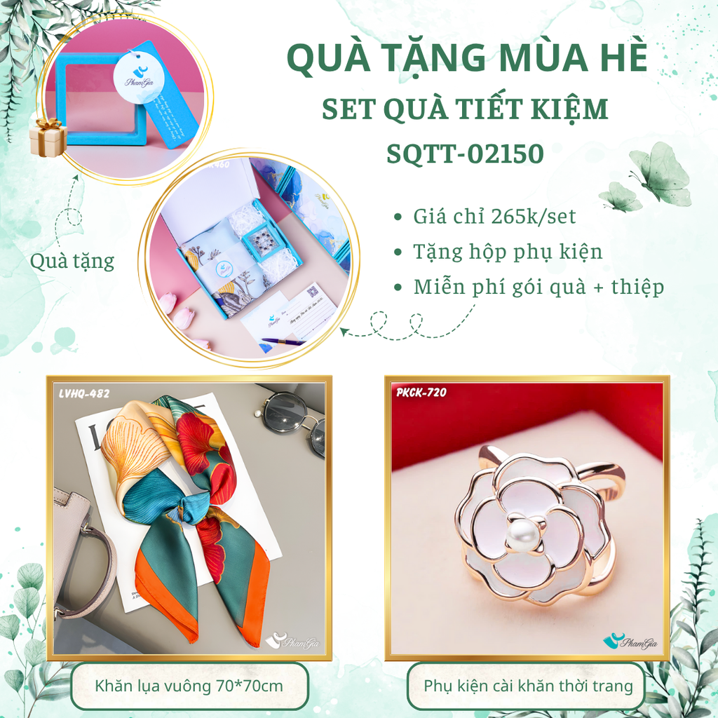 Set quà tặng khăn lụa vuông 70*70 họa tiết rẻ quạt và phụ kiện cài khăn hoa hồng tiết kiệm