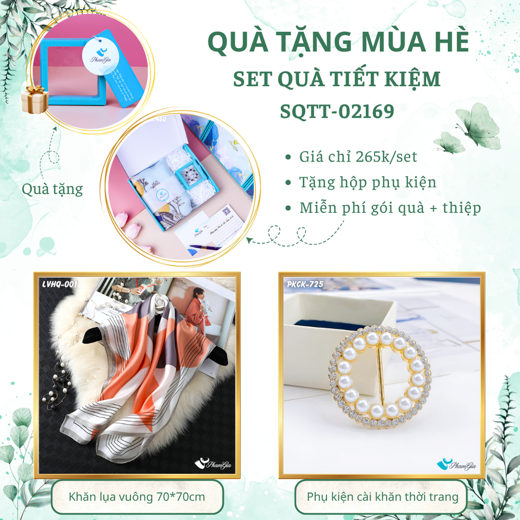 Set quà tặng khăn lụa vuông 70*70 họa tiết lập thể và phụ kiện cài khăn vàng tiết kiệm