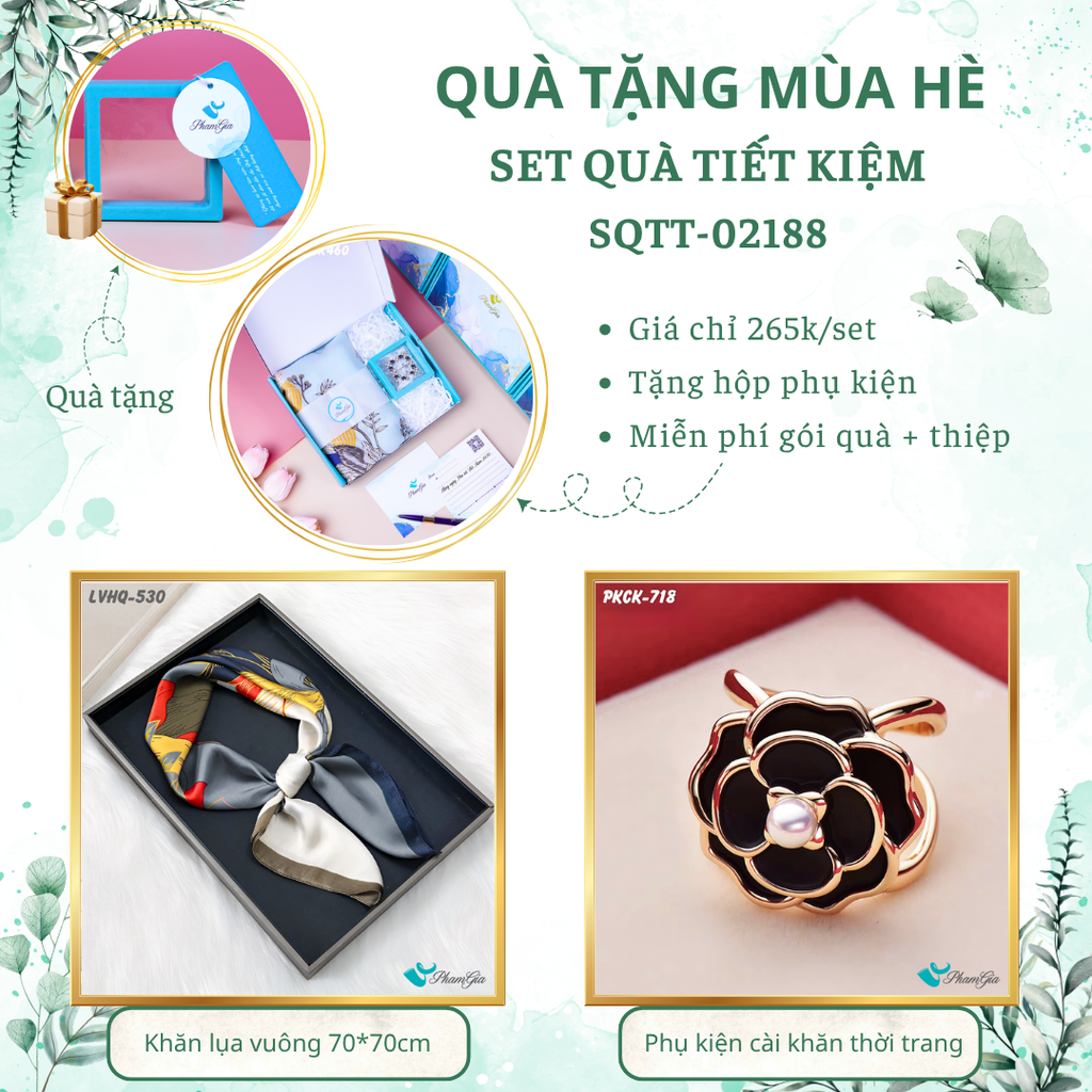 Set quà tặng khăn lụa vuông 70*70 họa tiết bông hoa và phụ kiện cài khăn đen tiết kiệm