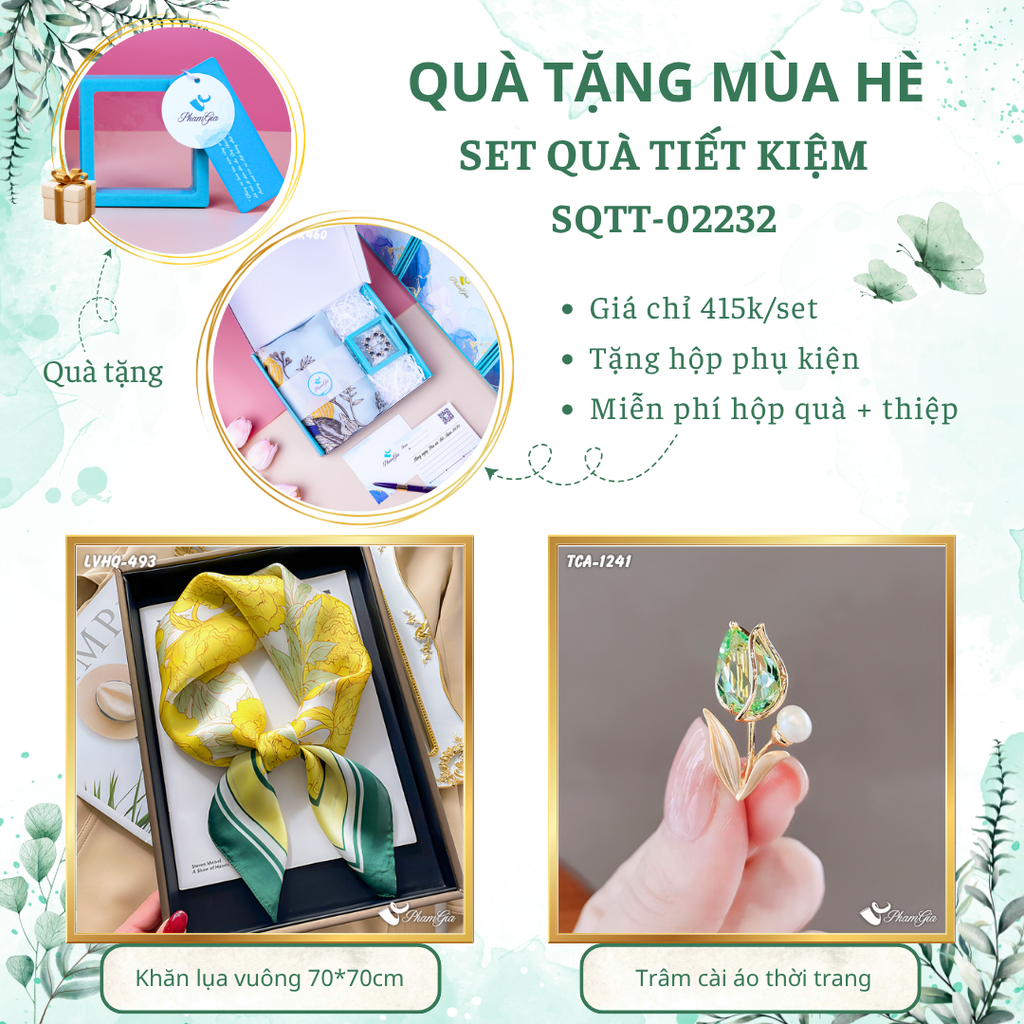 Set quà tặng khăn lụa vuông 70*70 họa tiết hoa hồng và ghim cài áo hoa tulip tiết kiệm
