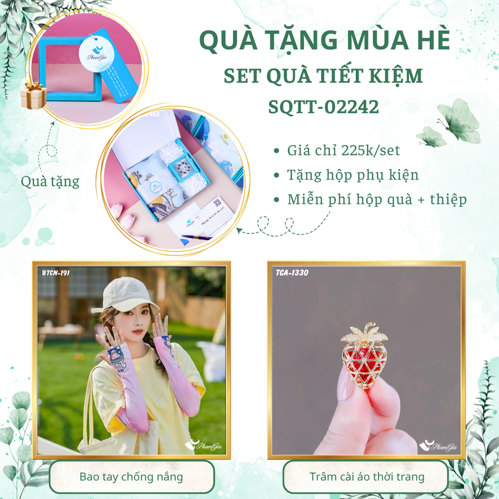 Set quà tặng bao tay chống nắng họa tiết bé gái và ghim cài áo dâu tây tiết kiệm