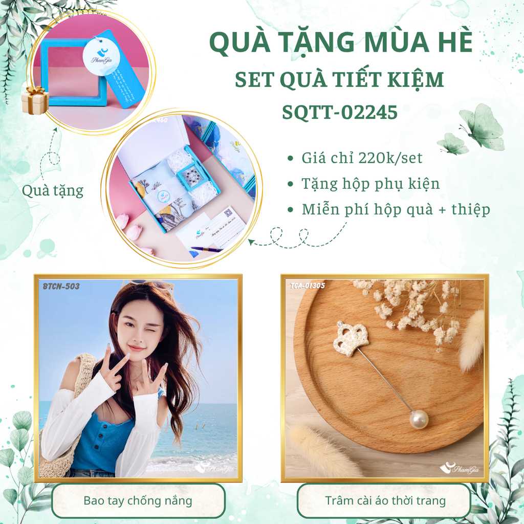 Set quà tặng bao tay chống nắng trắng và ghim cài áo ngọc trai tiết kiệm