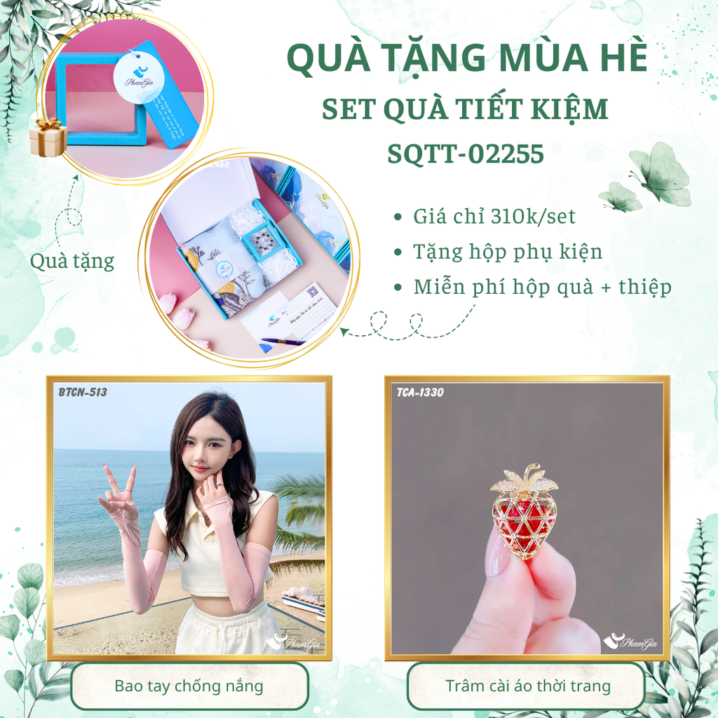 Set quà tặng bao tay chống nắng hồng phấn và ghim cài áo dâu tây tiết kiệm