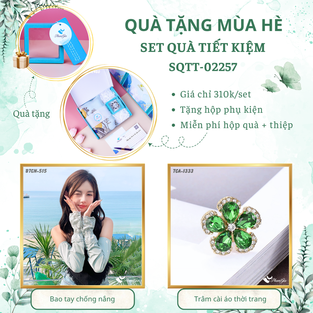 Set quà tặng bao tay chống nắng đăng ten xám và ghim cài áo hoa tiết kiệm
