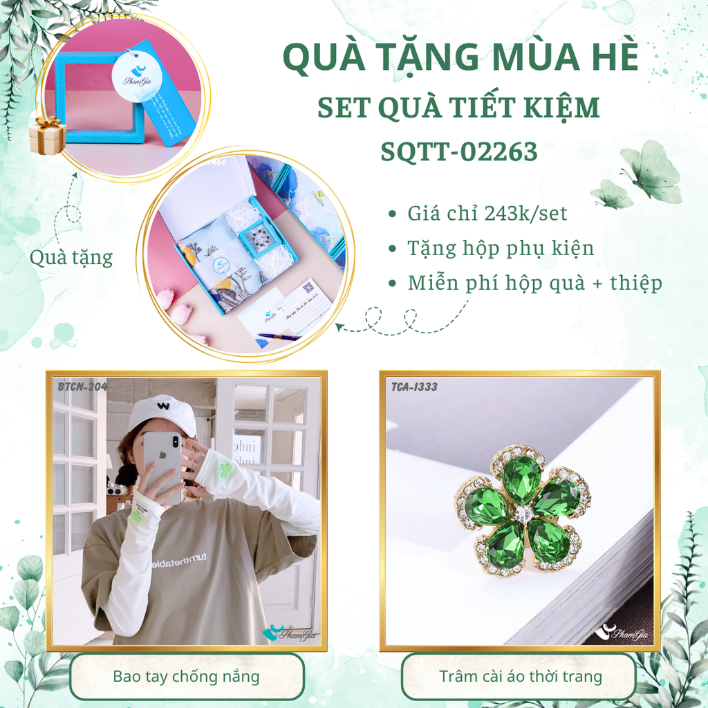 Set quà tặng bao tay chống nắng màu trắng và ghim cài áo hoa tiết kiệm
