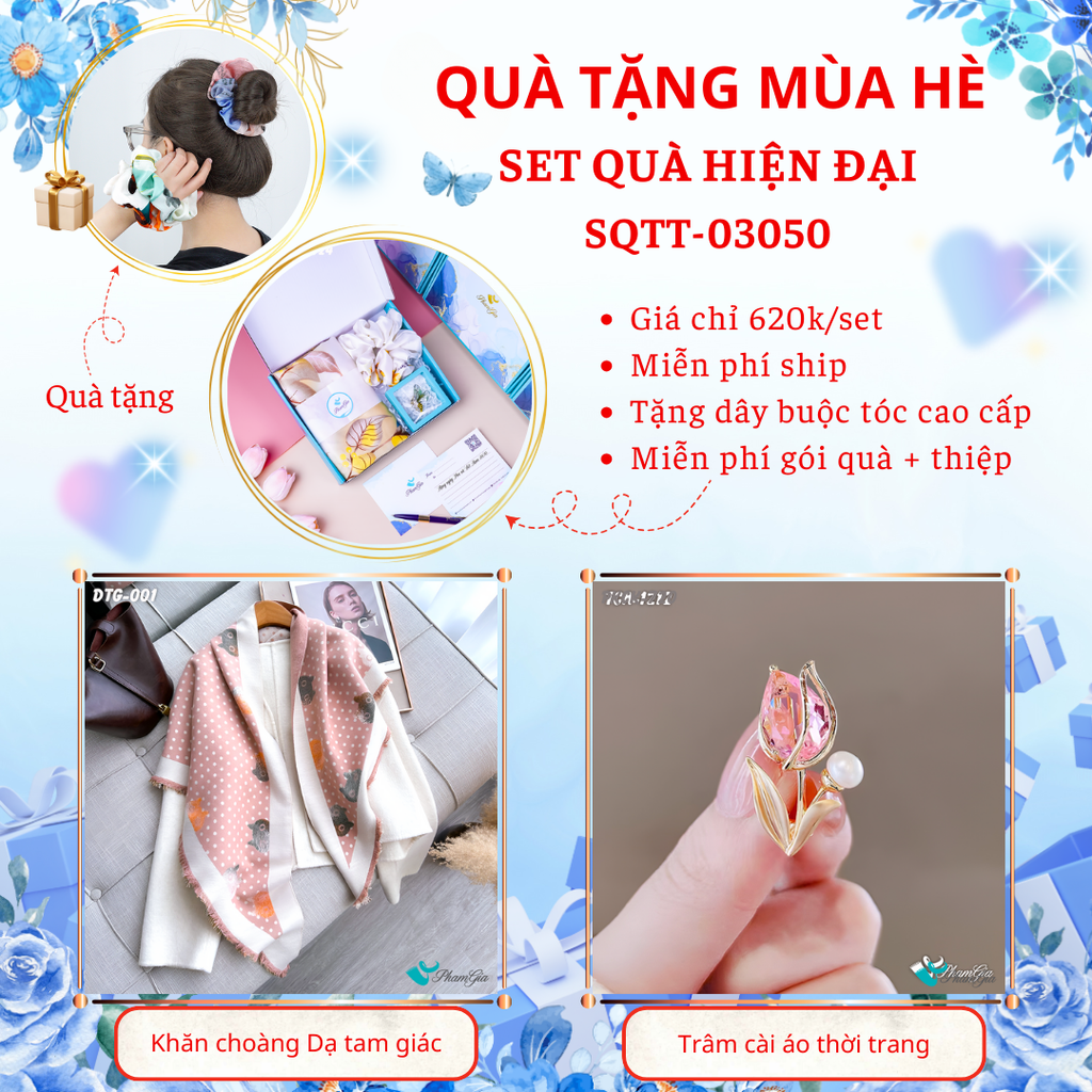 Set quà tặng khăn dạ tam giác họa tiết mèo và ghim cài áo hoa tulip hiện đại