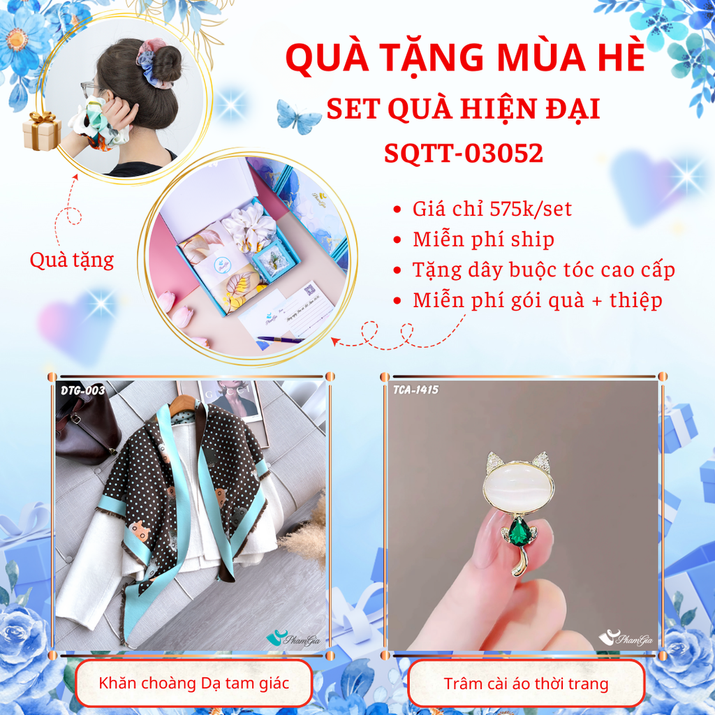 Set quà tặng khăn dạ tam giác họa tiết mèo và ghim cài áo mèo con hiện đại