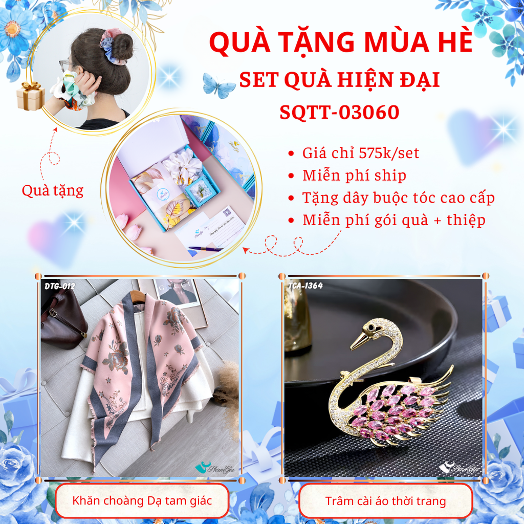 Set quà tặng khăn dạ tam giác họa tiết hoa hồng và ghim cài áo thiên nga hiện đại